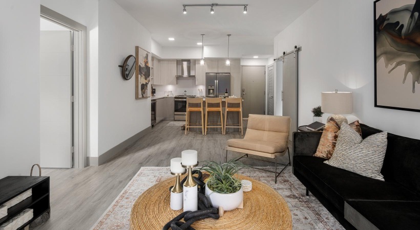 The height of stylish living a living room with a couch and a table