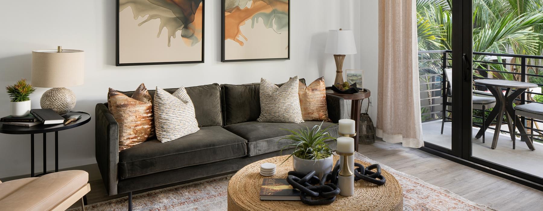 a living room with a couch and coffee table